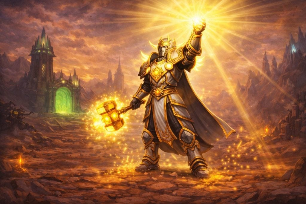 WoW TBC Classic holy paladin casting radiant healing magic in the Outland environment