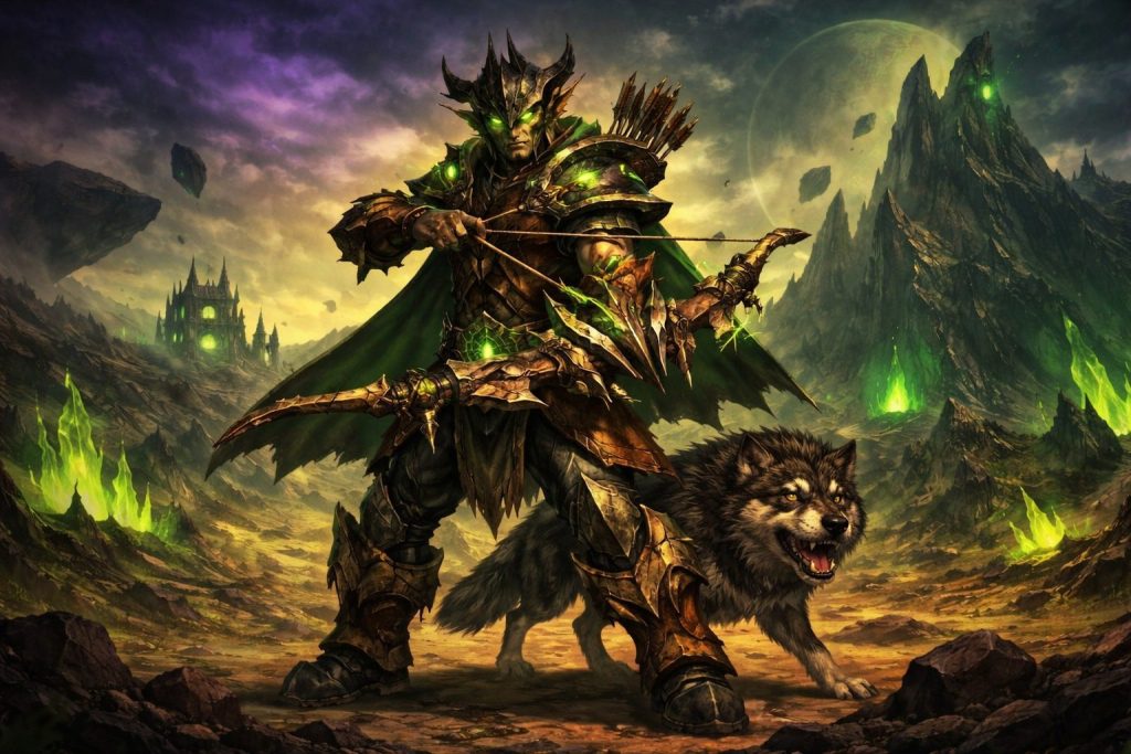 WoW TBC Classic hunter with bow and pet companion in Outland landscape