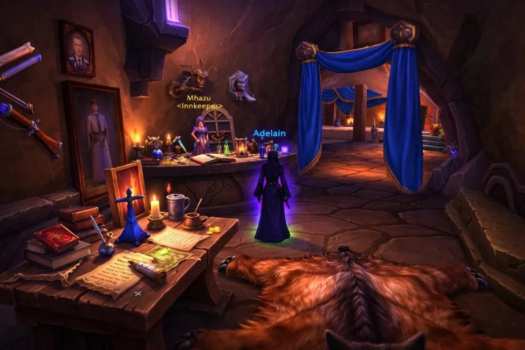 WoW TBC Classic inn interior where players set their Hearthstone and gain rested XP in Outland