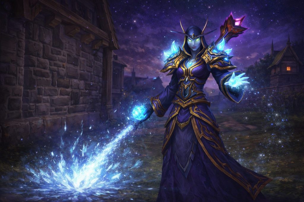 WoW TBC Classic mage casting frost magic spell in an Outland night environment