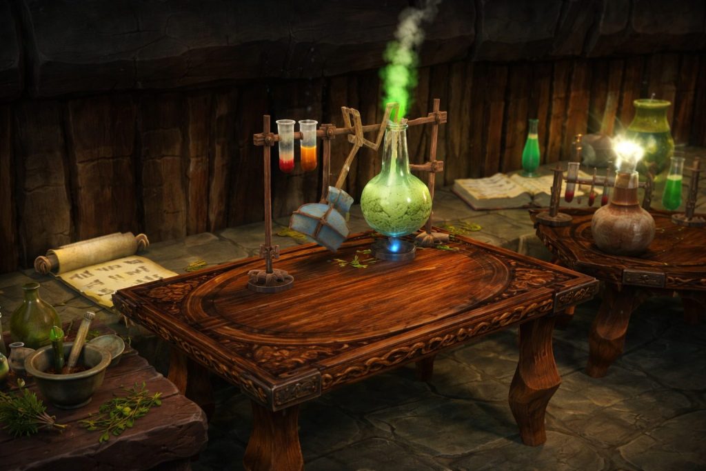 WoW TBC Classic alchemy laboratory with potions and crafting equipment in Outland