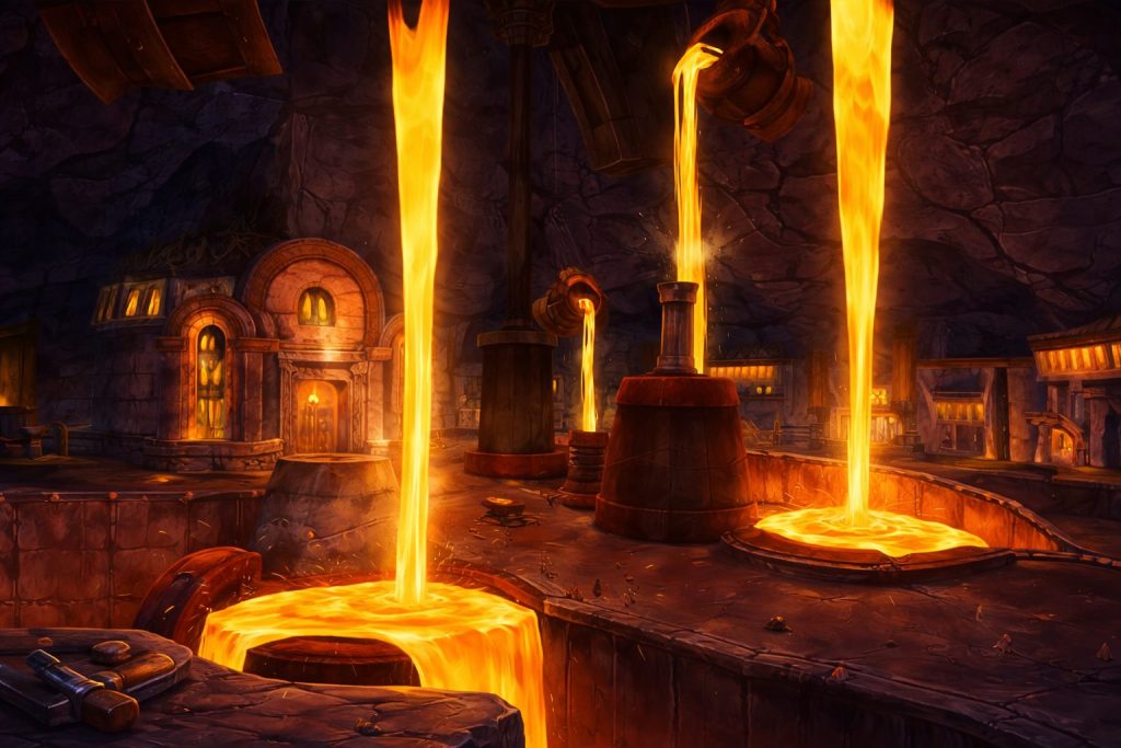 WoW TBC Classic blacksmith forge with molten metal and crafting workshop in Ironforge