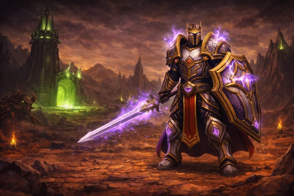 WoW TBC Classic protection paladin with shield and glowing holy sword in Outland