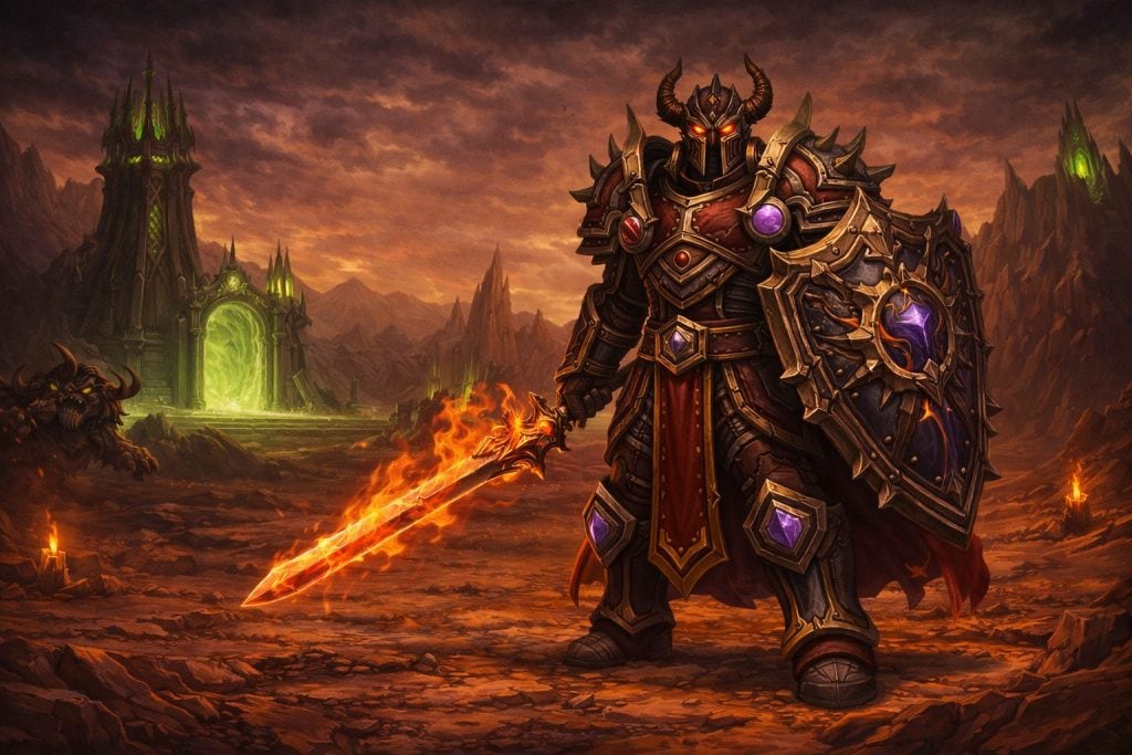 WoW TBC Classic protection warrior with shield and flaming sword in the Outland environment