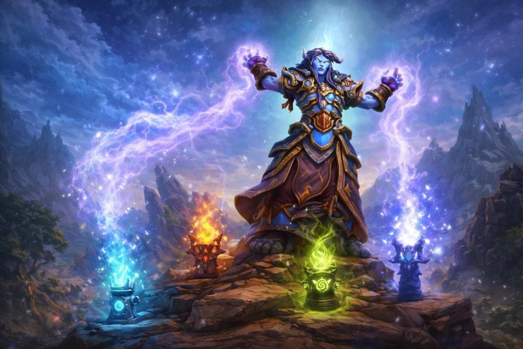 WoW TBC Classic restoration shaman channeling elemental healing magic with totems in Outland