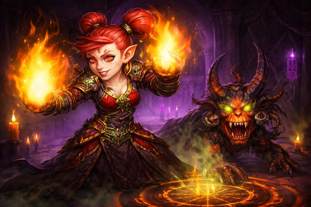 WoW TBC Classic warlock casting fire magic with demon pet in Outland