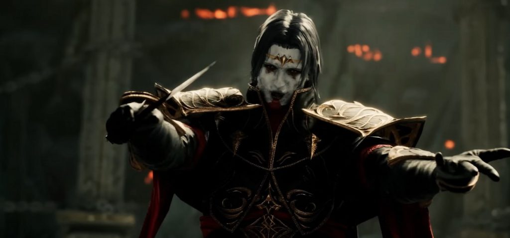 Aion 2 dunkler Fantasy-Charakter in verzierter Rüstung greift in einer dramatischen filmischen Szene nach vorn