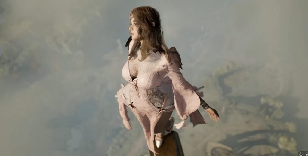 Aion 2 weiblicher Charakter in hellem Fantasy-Outfit vor einem filmischen Himmelshintergrund