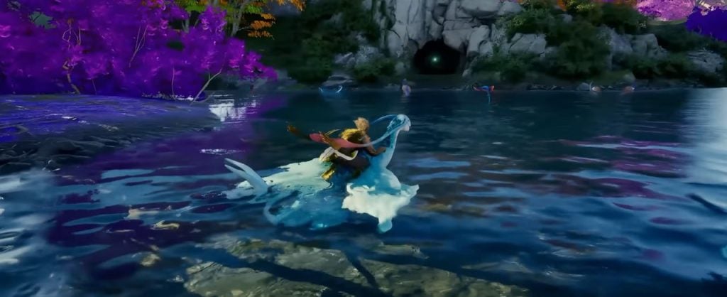 Aion 2 Charakter reitet über Wasser auf einem Mount in einer lebendigen Open-World-Umgebung