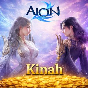 Aion 2 Kinah Produktbild mit Fantasy-Charakteren, leuchtender Währungsoptik und CoinLooting-Marktplatzdarstellung