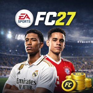 FC 27 Ultimate Team promo image with two football players in a stadium, FC 27 logo, and FC coins stack with coming soon message