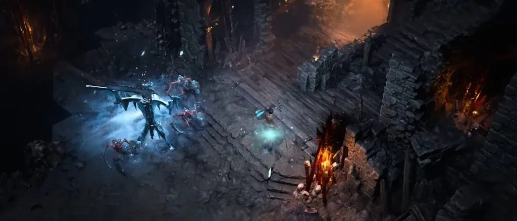 Diablo 4 battle inside ruined stone halls with a player character, enemies, and blue magical effects