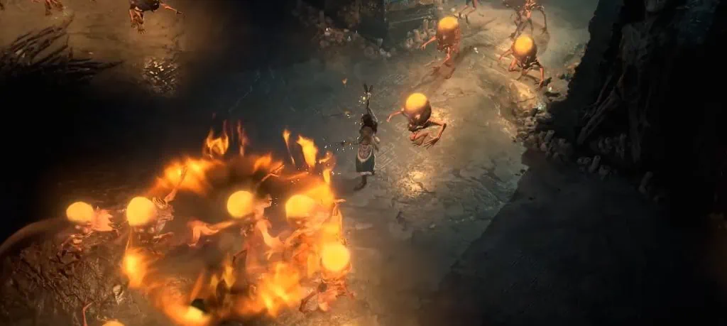 Diablo 4 top-down combat scene with a character surrounded by fiery enemies in a dark dungeon corridor