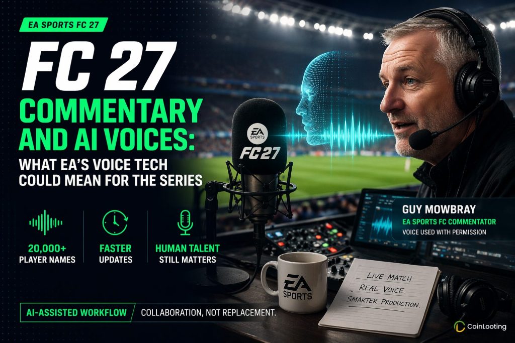 FC 27 commentary and AI voices concept image with football commentator, studio microphone, waveform display, and voice technology theme