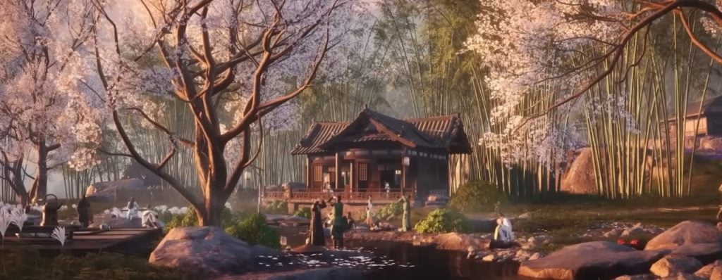 Where Winds Meet scenic garden with cherry blossom trees, bamboo, a wooden pavilion, and characters by the water