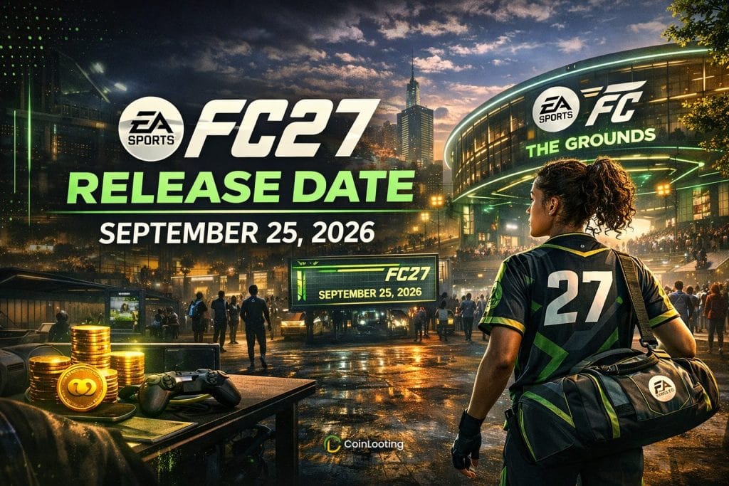 FC 27 release date concept image with football player, city stadium scene, and September 25, 2026 launch date