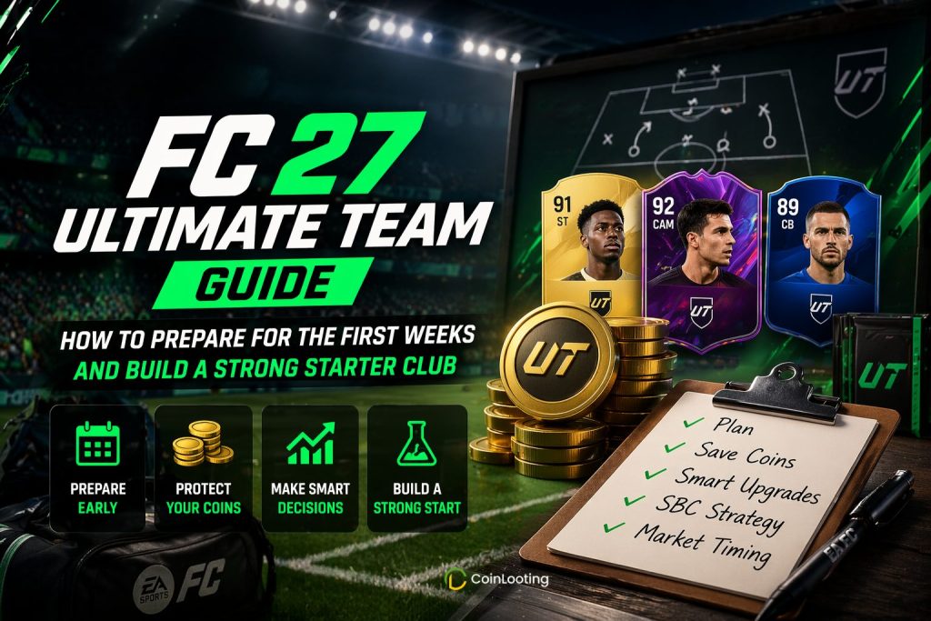 FC 27 Ultimate Team guide concept image with starter squad planning, coins, player cards, SBC strategy, and early market preparation