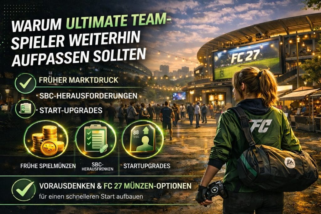 FC-27-Ultimate-Team-Spieler-Konzeptbild mit frühem Marktdruck, SBC-Herausforderungen, Starter-Upgrades und Launch-Planung