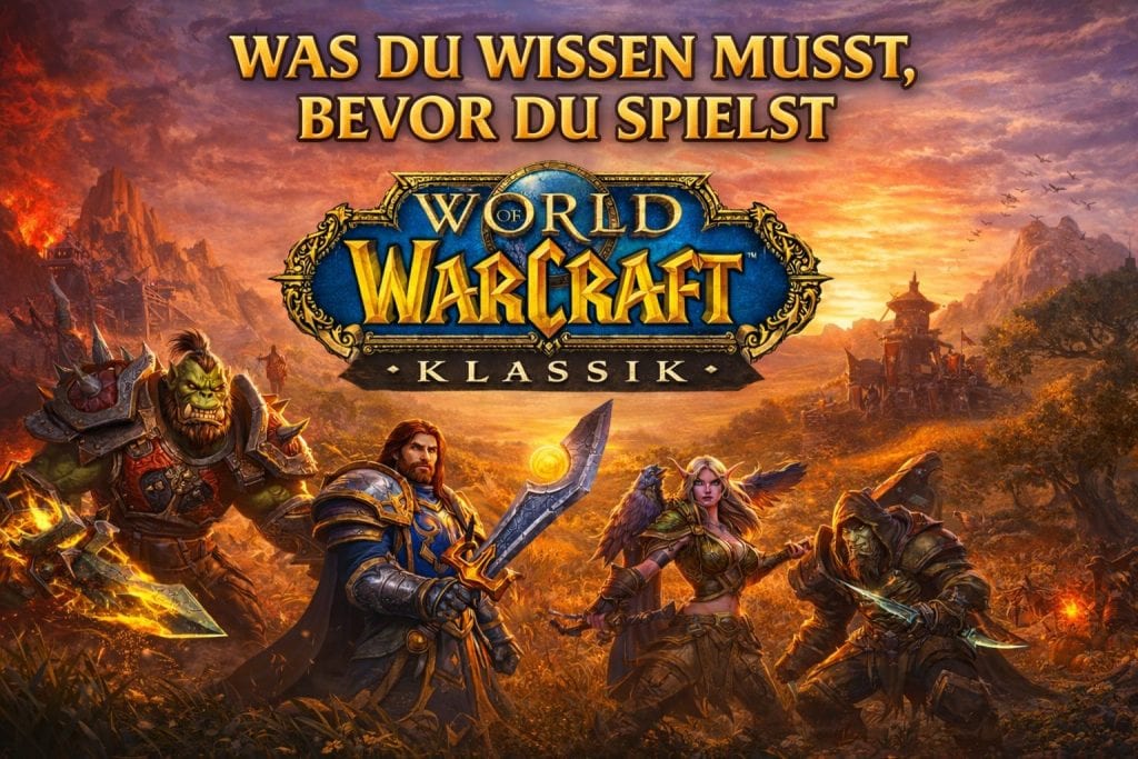 WoW Classic Anfänger-Guide-Banner mit einem Ork, einem menschlichen Krieger, einer Elfenjägerin und einem Schurken bei Sonnenuntergang