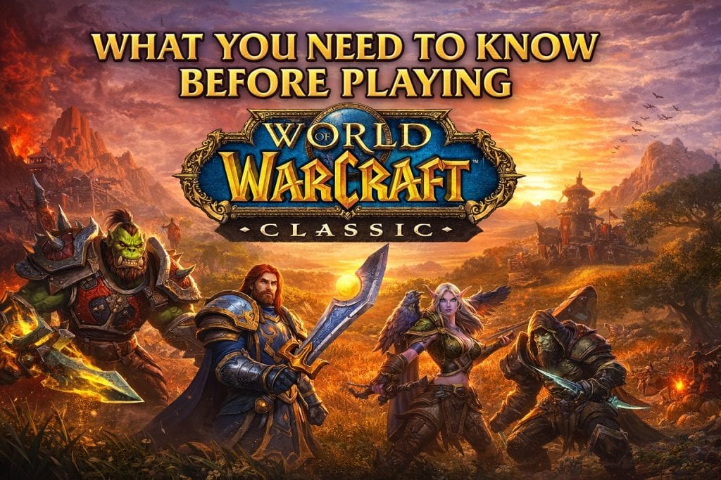 WoW Classic beginner guide banner with an orc, human warrior, elf ranger, and rogue at sunset