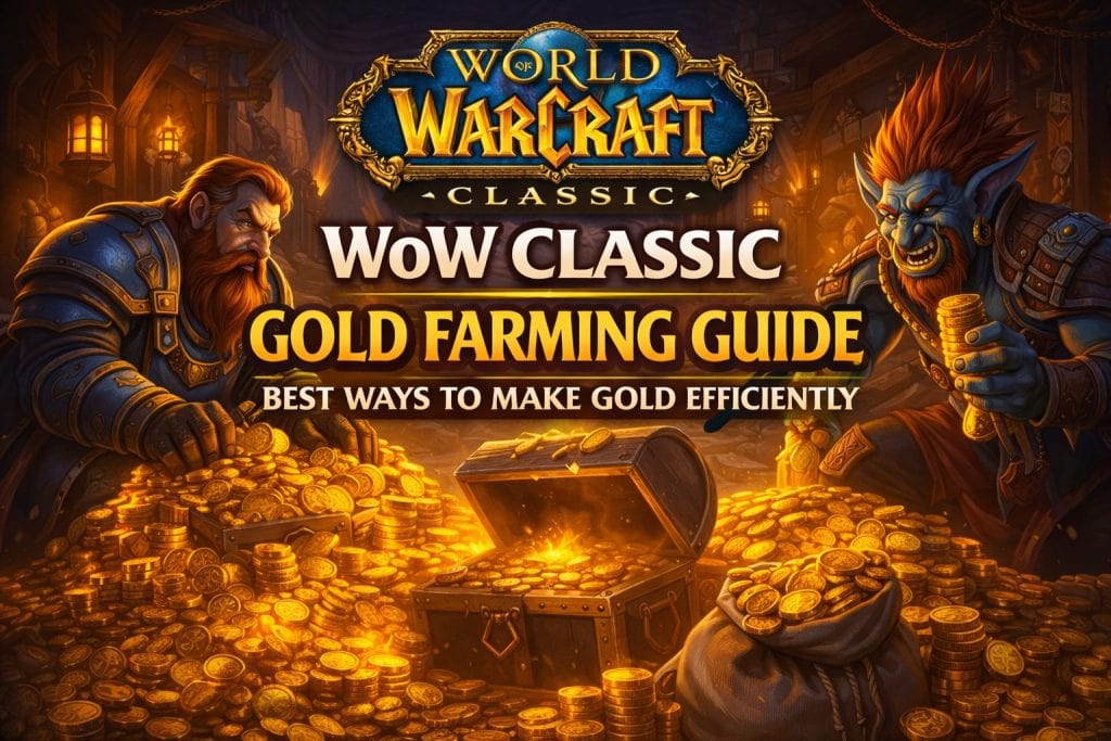WoW Classic gold farming guide banner with a dwarf and troll surrounded by piles of gold and treasure
