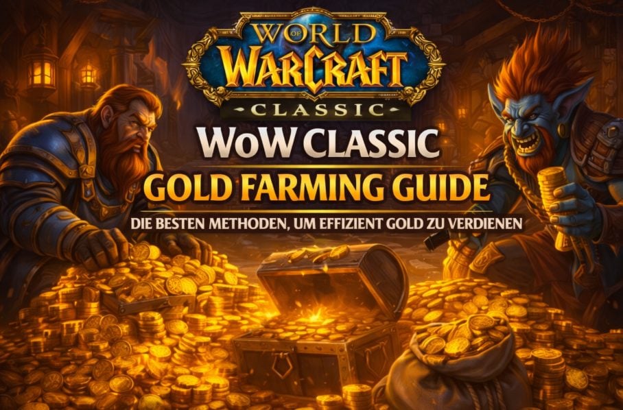 WoW Classic Goldfarming-Guide-Banner mit einem Zwerg und einem Troll, umgeben von Goldbergen und Schätzen