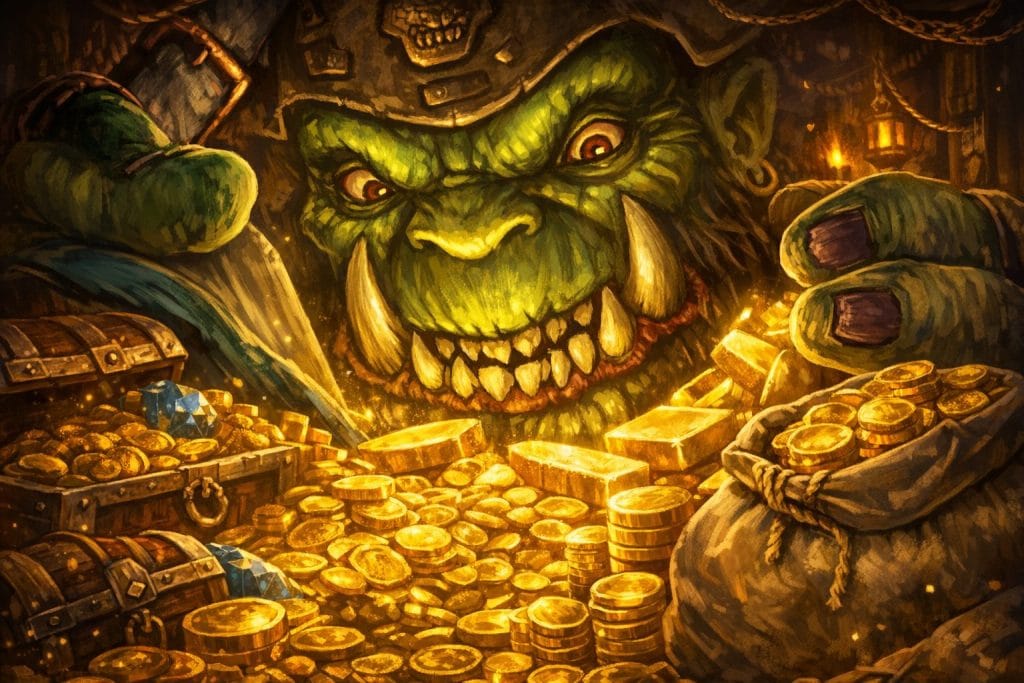 Nahaufnahme eines Ork-Gesichts, umgeben von Goldmünzen, Truhen und Schätzen in einer WoW-Classic-inspirierten Szene