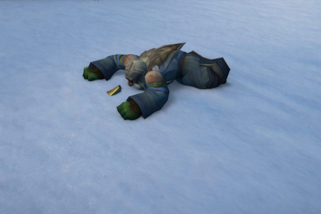 Dead character lying on the snow in a WoW Classic Hardcore scene