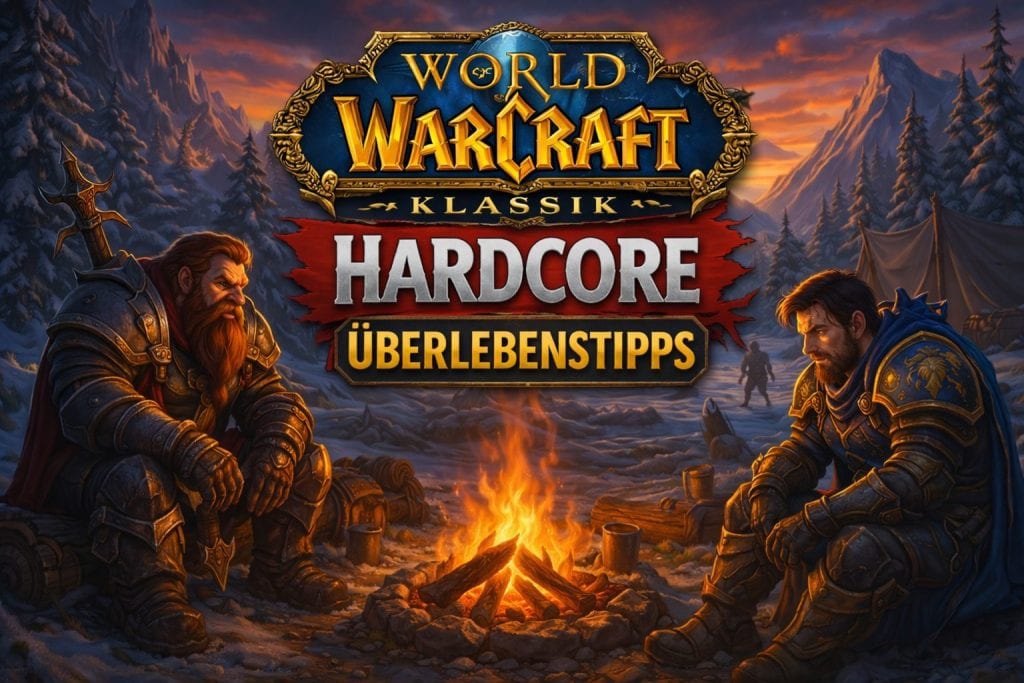 WoW Classic Hardcore-Guide-Banner mit zwei gepanzerten Charakteren an einem Lagerfeuer in einem verschneiten Berglager