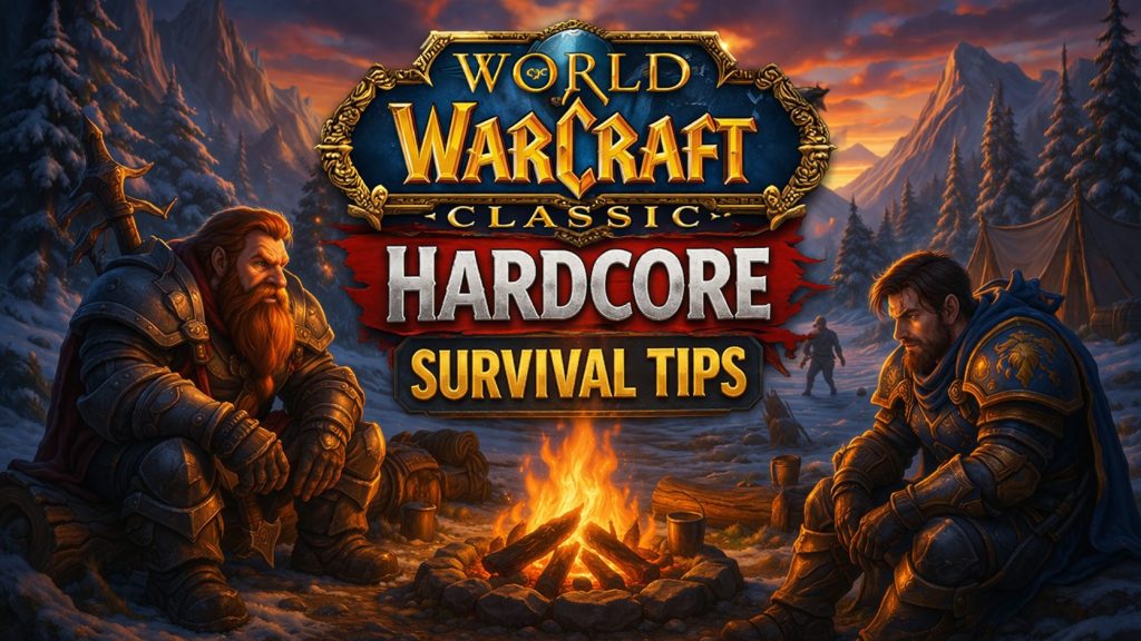 WoW Classic Hardcore guide banner with two armored characters by a campfire in a snowy mountain camp