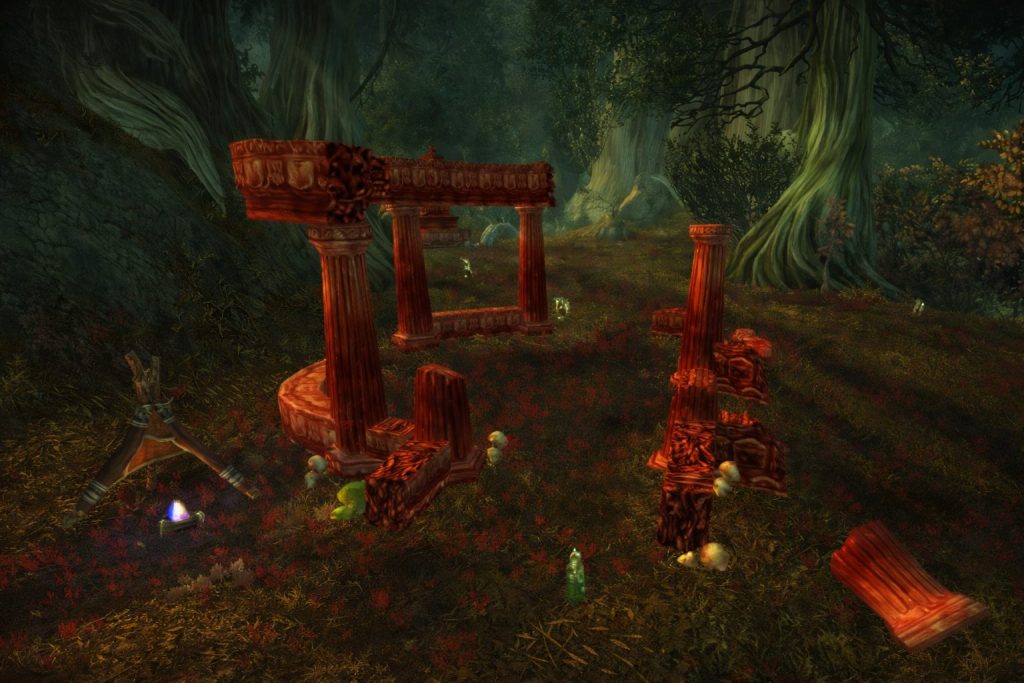 Alte Ruinen in einem Wald als Darstellung hochstufiger Farming-Gebiete und effizienter Progression in WoW Classic