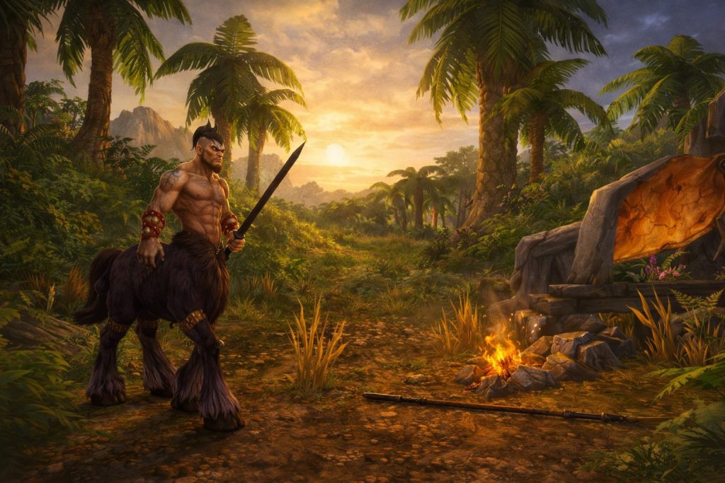 Zentaurenkrieger auf einem Dschungelpfad neben einem Lagerfeuer in einer WoW-Classic-inspirierten Leveling-Szene