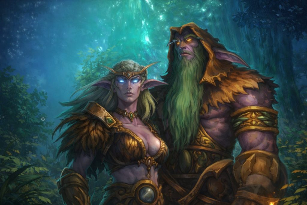 Zwei von Nachtelfen inspirierte Fantasy-Charaktere in einem verwunschenen Wald