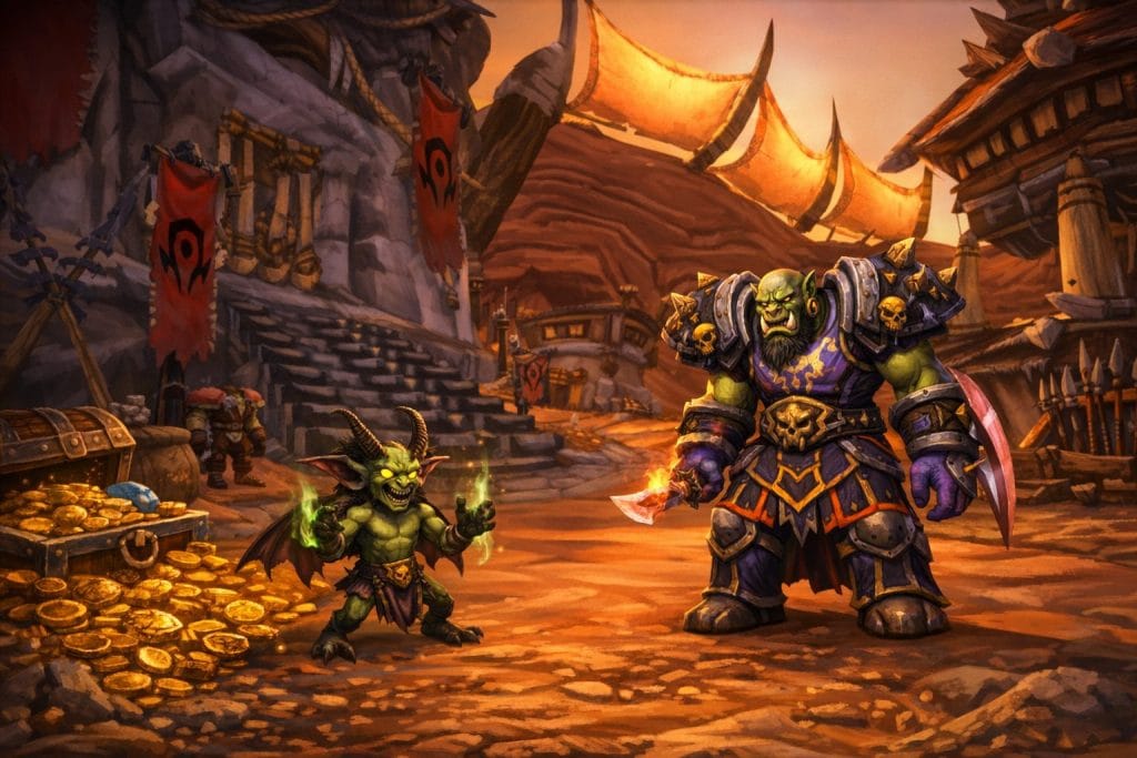 Schurke- und Ork-Charaktere neben Goldhaufen in einem Ork-Lager, als Darstellung von Taschendiebstahl und Stealth-Farming in WoW Classic