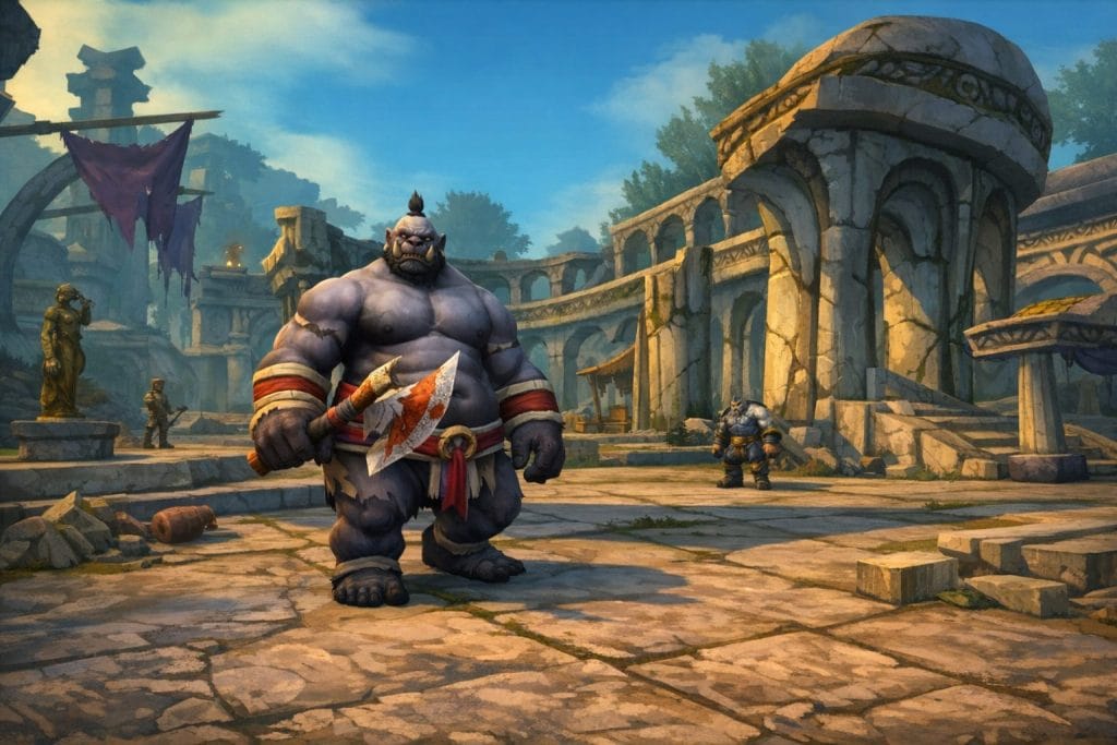 Großer Kriegercharakter in alten Ruinen als Darstellung einer starken und widerstandsfähigen Farming-Klasse in WoW Classic