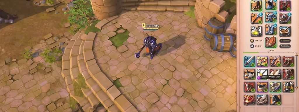 Albion Online character with gear, inventory, weapons, and mounts