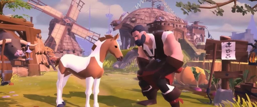 Albion Online island scene with farming, mounts, and character progress