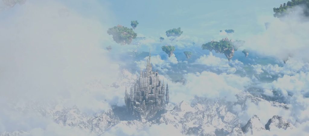 Final Fantasy XIV Burg über verschneiten Bergen und schwebenden Inseln