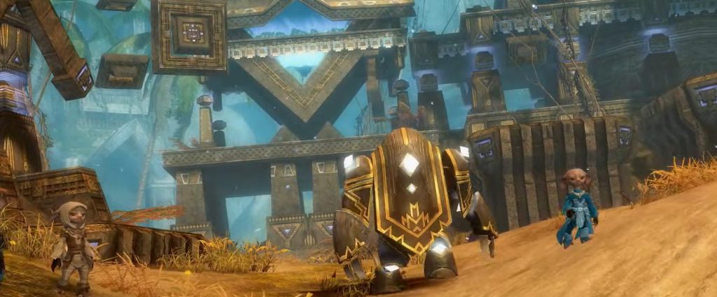 Guild Wars 2 Asura ruins with a glowing golem, sandy terrain, and fantasy architecture in the background