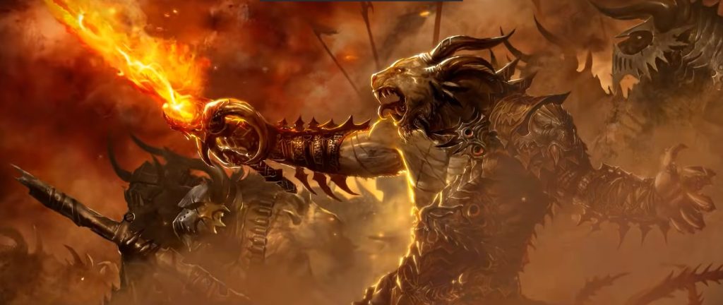 Guild Wars 2 Charr warrior casting fire in a battlefield with armor, smoke, and war banners behind him