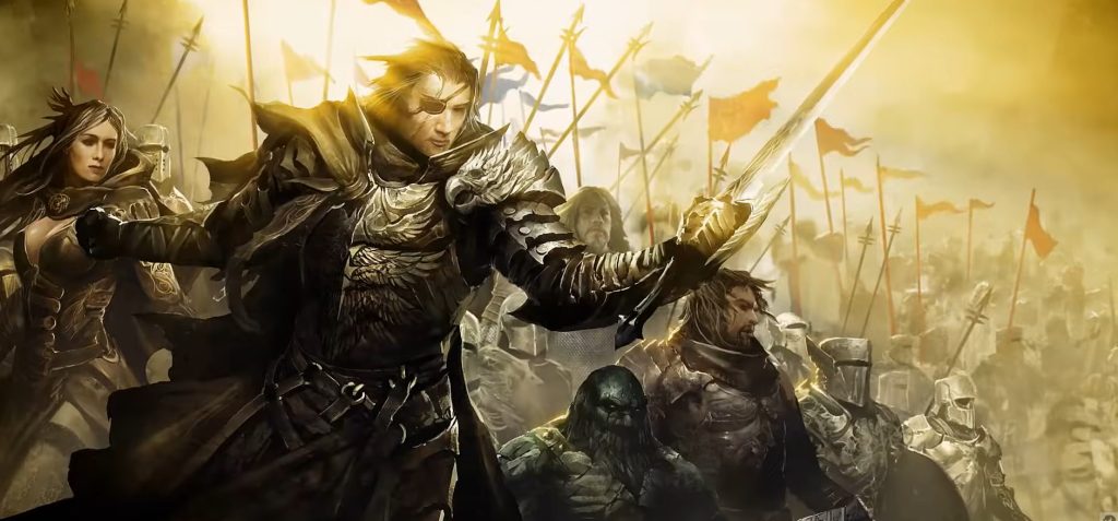 Guild Wars 2 heroes and soldiers standing in a large fantasy army with banners, armor, and golden battlefield lighting