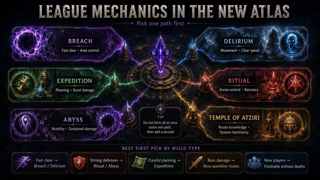 PoE 2 League Mechanics in the New Atlas with Breach, Delirium, Expedition, Ritual, Abyss, and Temple of Atzoatl