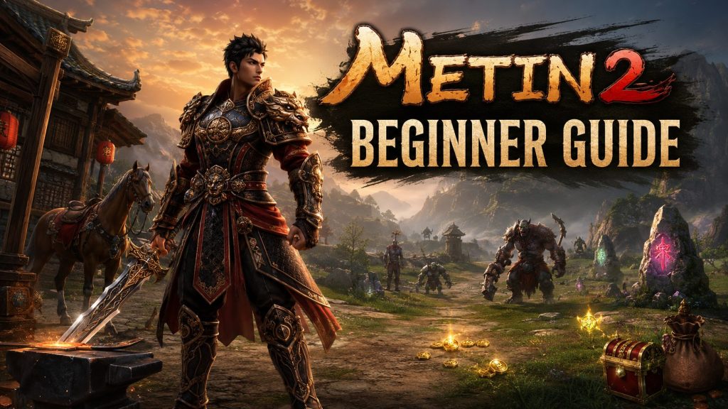 Metin2 Beginner Guide showing a warrior, monsters, horse, loot chest, glowing items, and early MMORPG progression