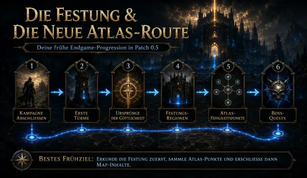 PoE 2 Patch 0.5 Atlas-Fortschritt Infografik mit Fortress-Pfad, Passivpunkten und Boss-Questreihen