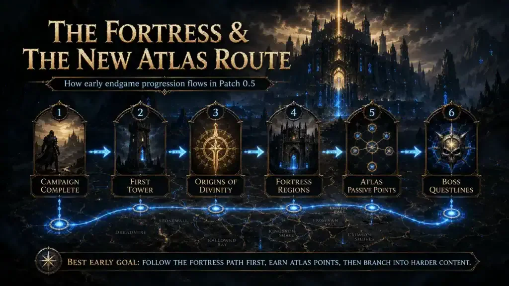 PoE 2 Patch 0.5 Atlas progression infographic with Fortress path, passive points, and boss questlines
