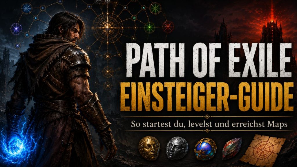 Path of Exile Anfänger-Guide mit dunklem Exilanten, Skill-Symbolen, Kartenobjekt, Ausrüstungssymbolen und frühem Fortschritt