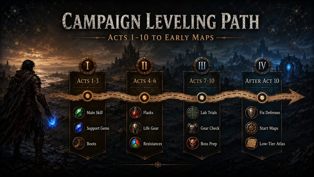 Path of Exile Campaign Leveling Path showing Acts 1 to 10, early maps, skill gems, flasks, resistances, Lab Trials, gear checks, and Atlas setup