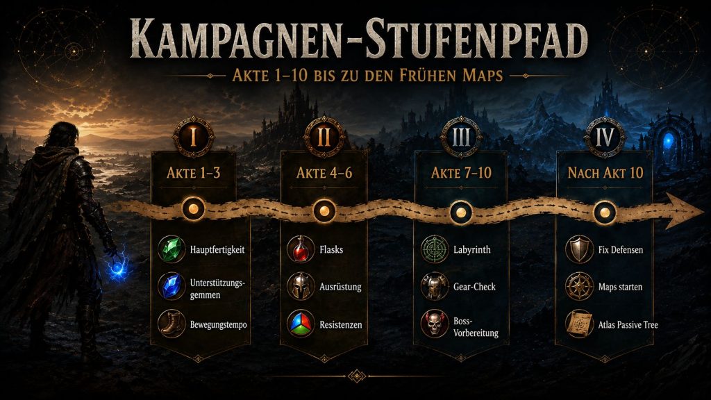 Path of Exile Kampagnen-Leveling-Pfad mit Akten 1 bis 10, frühen Karten, Skill-Gems, Flasks, Widerständen, Lab Trials, Ausrüstungschecks und Atlas-Setup
