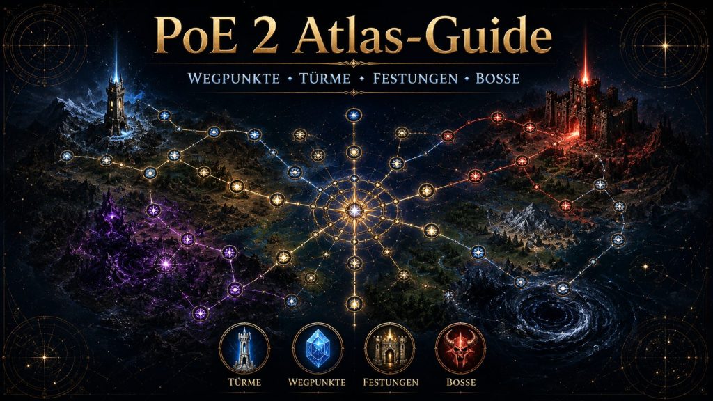 PoE 2 Atlas Guide mit Türmen, Wegsteinen, Festungsrouten, Bossen und verbundenen Endgame-Kartenpfaden
