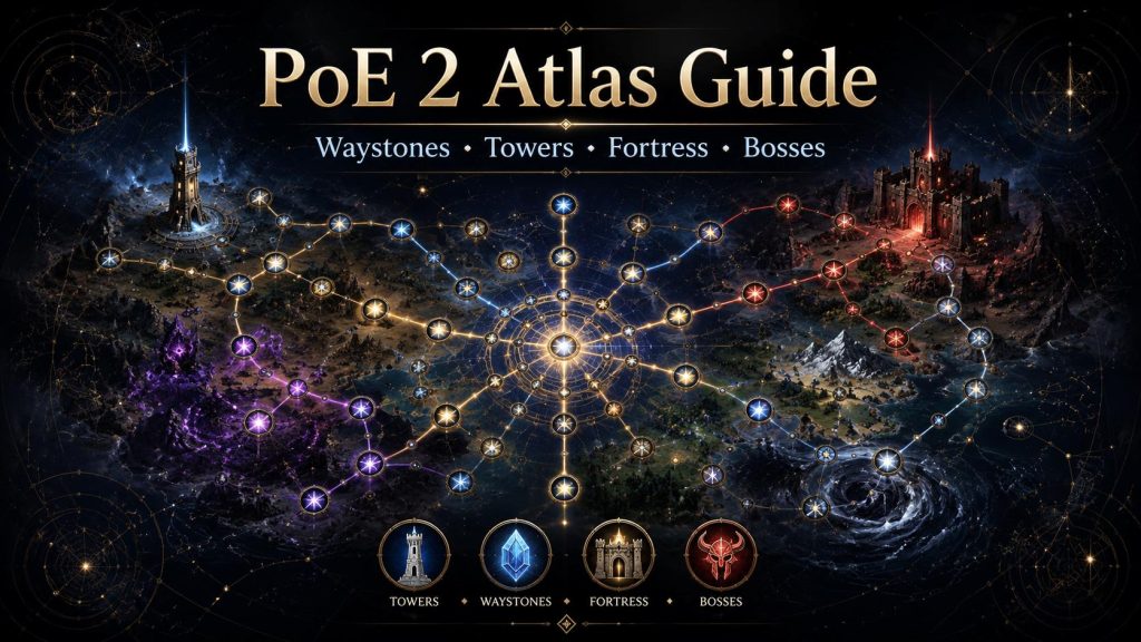 PoE 2 Atlas Guide showing Towers, Waystones, Fortress routes, bosses, and connected endgame map paths